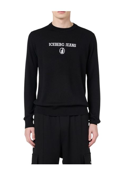 Black crew neck pullover in plain knit with tonal Iceberg logo ICEBERG JEANS | sweaters | A00290089000